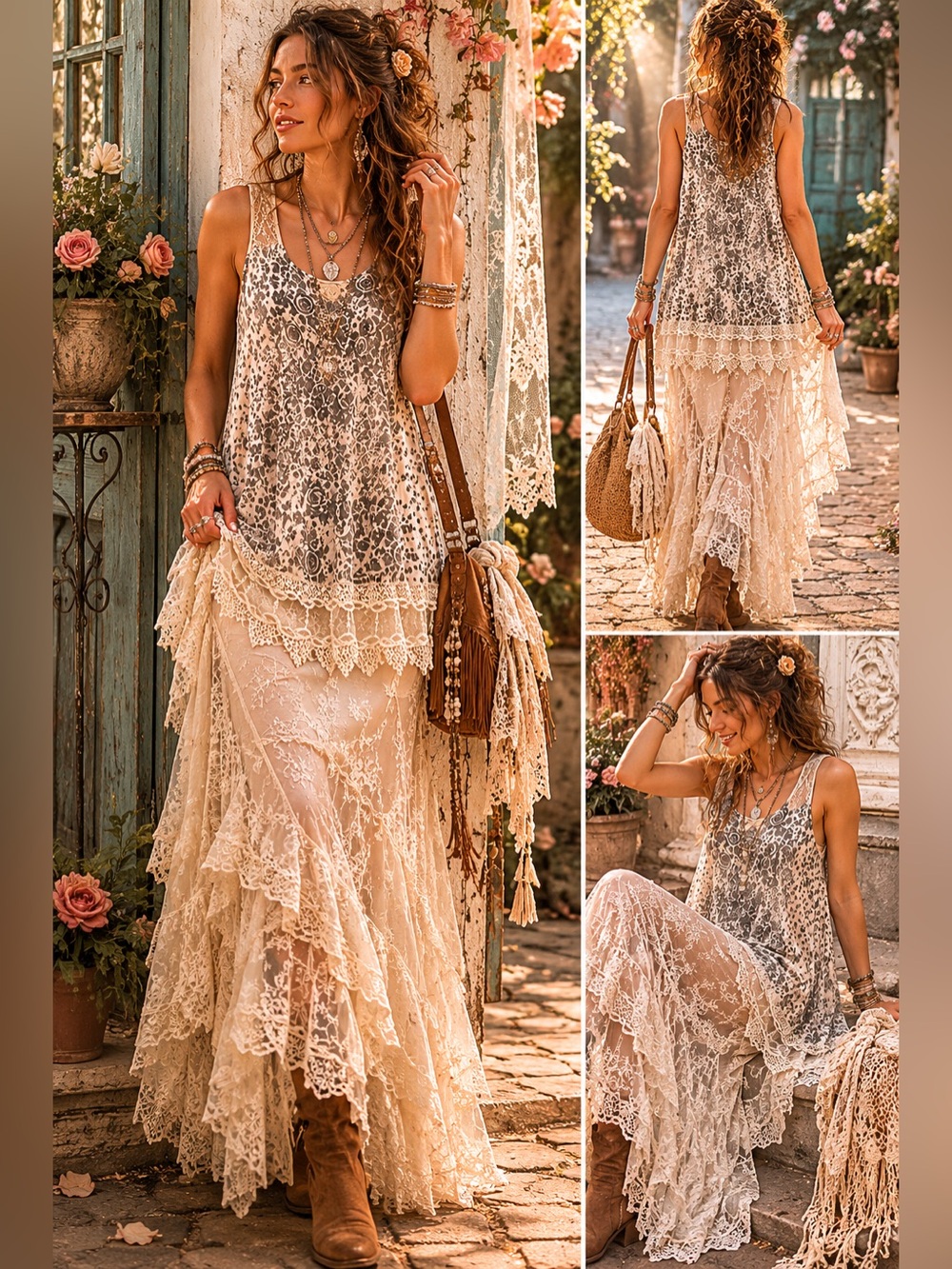 Origami Whimsical Lace Overlay Tunic Dress Boho Romantic Floral Animal Gypsy Top